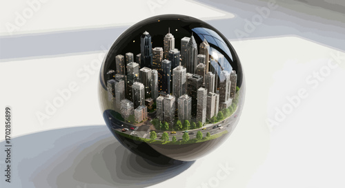 Urban microcosm encapsulated within a reflective sphere showcasing intricate city details