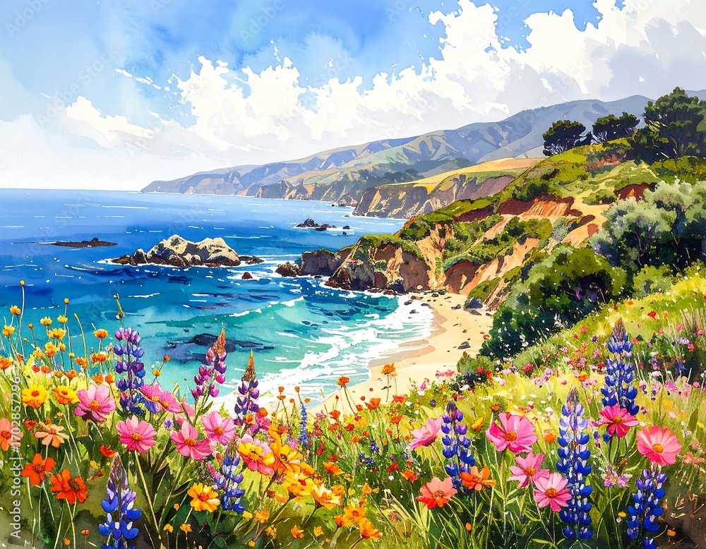 Obraz premium Vibrant coastal landscape with wildflowers