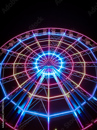 Colorful neon Ferris wheel glowing at night, perfect for festivals, nightlife, and entertainment visuals