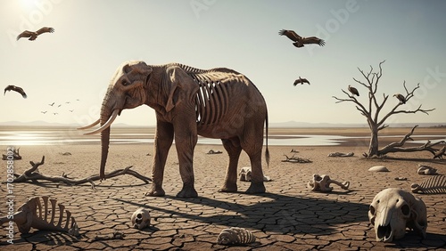 Elephant Skeleton in a Barren Desert, a Symbol of Extinction and Climate Change