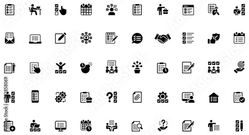  Task and project management solid glyph vector illustration icon set. Features checklist, schedule, workflow, to do list, calendar, schedule symbols. Perfect for productivity, dashboard, presentation