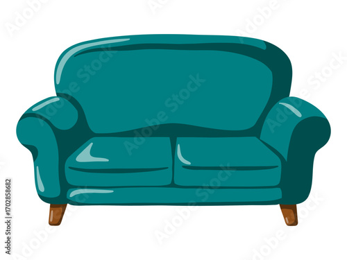 Cartoon vector teal sofa. Vector isolated illustration on white background. 