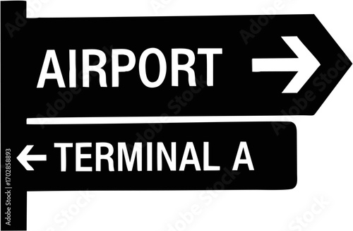 Monochrome graphic icon of a wayfinding sign for airport travel, indicating directions to the terminal and gates