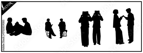 Set of silhouettes reading a book, romantic couple. Vector illustration.