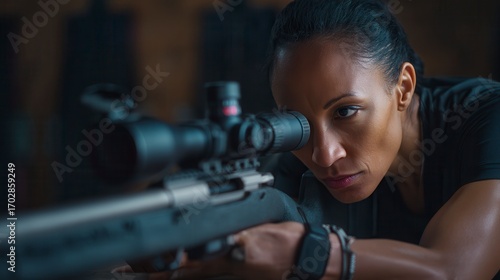 Focused Black female adult agent aiming sniper rifle with scope in dark tactical environment, intense concentration visible as she prepares for mission in military or law enforcement operation
