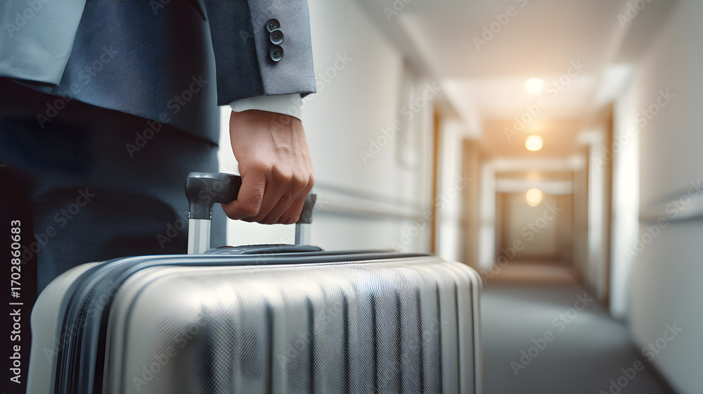 Fototapeta premium Businessman walking in hotel corridor pulling luggage