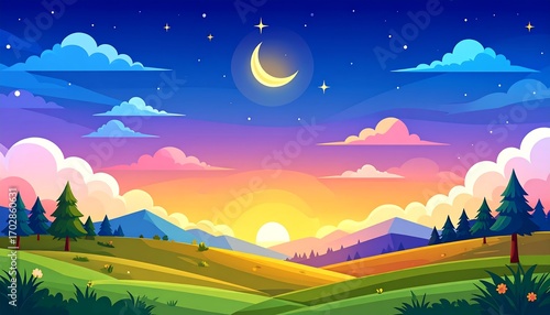 Colorful landscape at sunrise or sunset with hills, clouds, and crescent moon