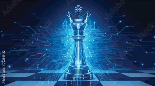 Blue Crystal Chess King with Circuit Board Background and Glowing Lines strategy game.