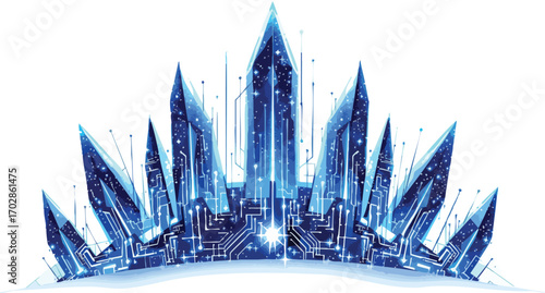 Crystalline Blue Structure with Digital Circuitry and Stars on White Background vector illustration.