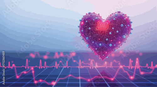 Digital heart with circuit board patterns and EKG heartbeat graph health technology.