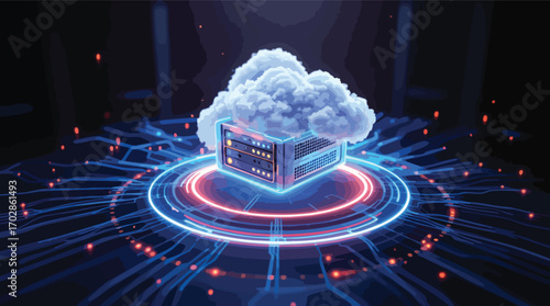Digital cloud server with glowing network connections and data streams cloud computing data center.