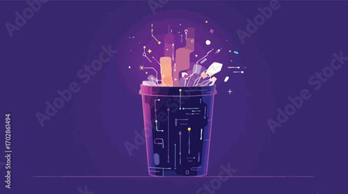 Digital Data Overflowing from a Futuristic Cup with Circuitry and Sparks technology information.