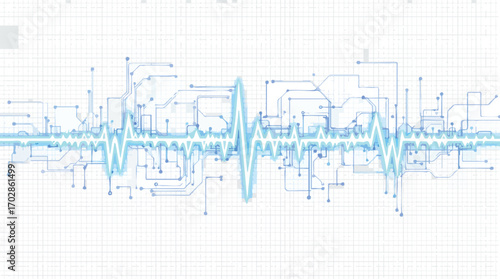 Digital Heartbeat EKG Waveform Integrated with Blue Circuit Board Lines on White Grid electrocardiogram.