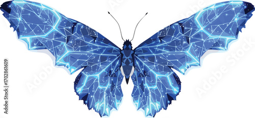 Geometric Blue Butterfly with Circuit Board Wings on White Background insect.