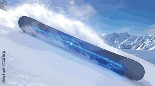 Futuristic Snowboard with Glowing Circuitry Descending a Snowy Mountain Slope snowboarding.