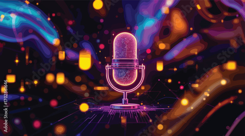 Glowing Microphone on Futuristic Circuit Board with Abstract Lights Background vintage microphone.