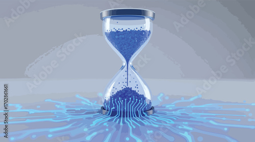 Hourglass with Blue Digital Sand and Circuit Board Base on Gray Background time technology.