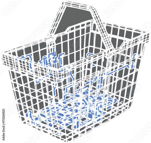 White Plastic Shopping Basket with Blue Abstract Geometric Inserts retail consumerism.