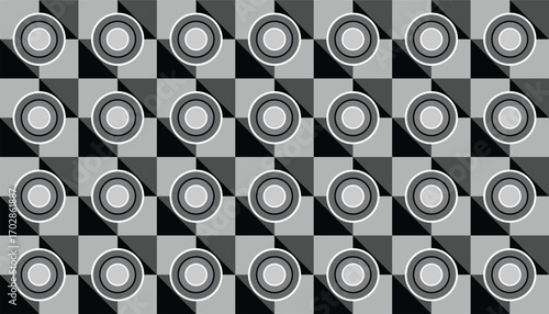 Seamless geometric pattern in grayscale featuring concentric circles and diagonal blocks, creating a modern abstract background