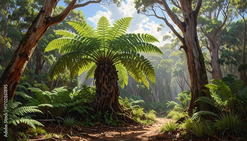 Lush Fern Gully: Sun-Drenched Woodland Scene with Towering Ferns, Trees