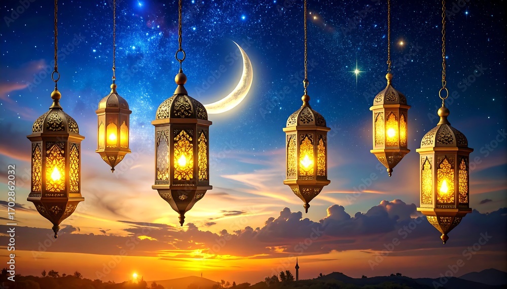 Obraz premium A celestial night scene showcases ornate lanterns glowing with warm light, set against a crescent moon and starry sky