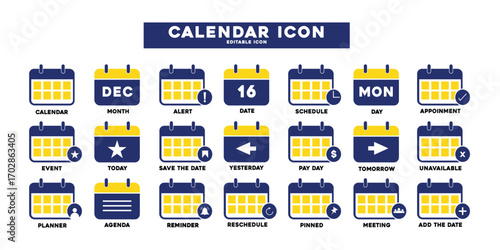 Calendar icon set. Containing date, schedule, month, week, appointment, agenda, organization and event icons. Solid icon collection.