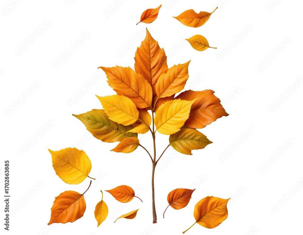 Naklejka premium Vibrant Autumn Leaves Branch and Falling Leaves Isolated on White