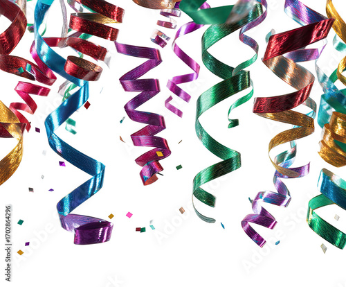 Vibrant, colorful streamers and confetti cascade against a dark background