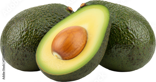 Two whole avocados and one halved avocado revealing creamy yellow flesh and brown seed fruit green food transparent background