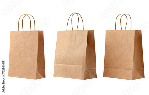 Three light brown paper shopping bags.  Each bag has  a simple, curved handle.  Bags are in  a  horizontal row against a black background