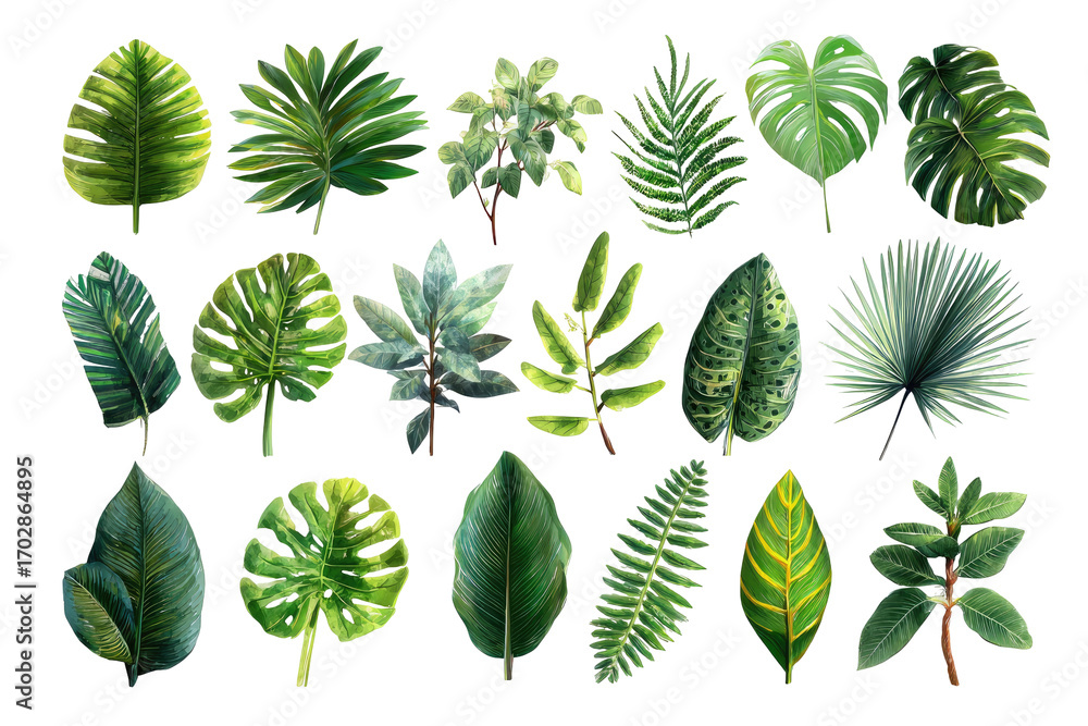Fototapeta premium Diverse tropical leaves in various shapes and shades of green against a black background