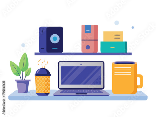 Modern home office setup with laptop smart speaker plant and coffee mug