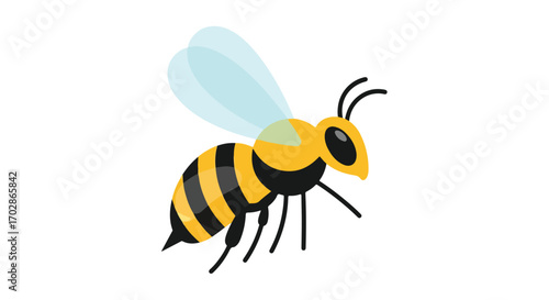 Cartoon illustration of a black and yellow striped bee,isolated on a white background showing the insect's wings and body in a simplistic design