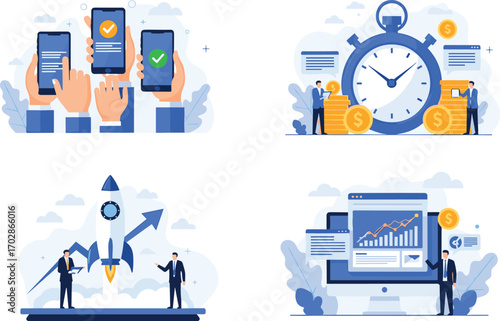 Business productivity icons, mobile approval, time management, financial planning, startup growth, data analysis, flat vector, modern design, professional concept