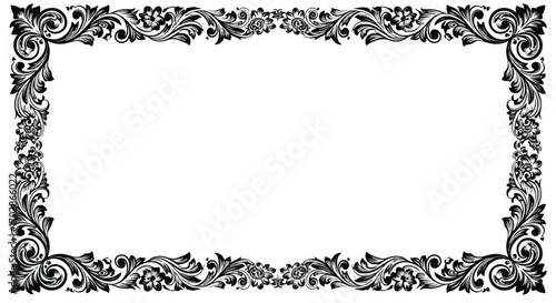 Elaborate botanical frame showcases swirling foliage and floral details, ideal for invitations or ornamental accents for classic design