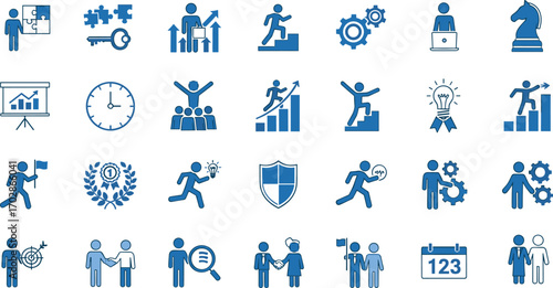 Business icons set, productivity, teamwork, success, professional growth, leadership, strategy, problem‑solving, innovation, planning, career development