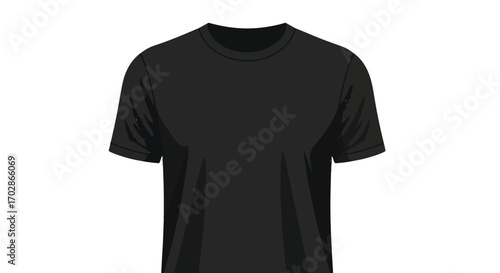 Simple graphic representation of a basic black short sleeved t-shirt on a plain white background ideal for apparel mockups
