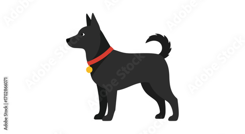 Stylized black dog illustration with curled tail on white background showcases a simple and modern design of a domestic animal pet