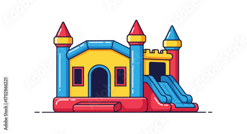 Whimsical Inflatable Bounce House with Turrets and Slide for Children's Playtime Fun