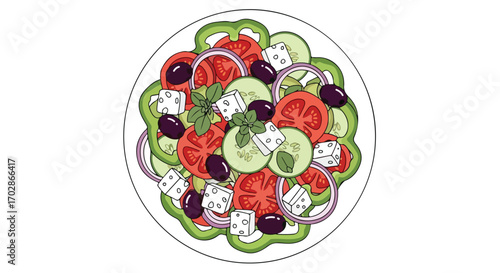 Vibrant salad illustration featuring fresh tomatoes cucumbers olives and feta cheese, creating a visually appetizing and healthy culinary composition