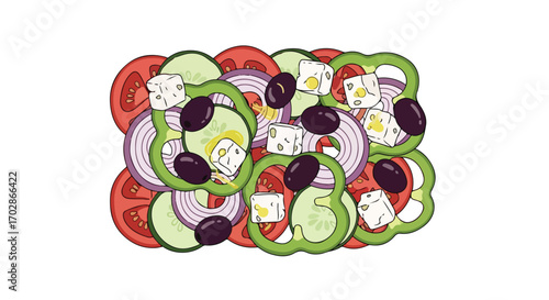 Vibrant cartoon illustration showcasing greek salad with its fresh ingredients such as tomatoes, cucumbers, olives and feta cheese