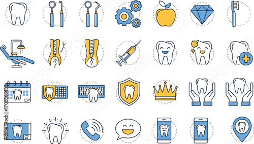 Dental care icons, tooth hygiene, dentist tools, oral health symbols, flat vector, modern style, medical illustration, clean design, blue yellow theme