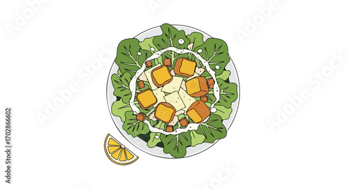 Whimsical Caesar Salad Illustration with Lemon Wedge, Presented on a Clean White Surface for Visual Simplicity