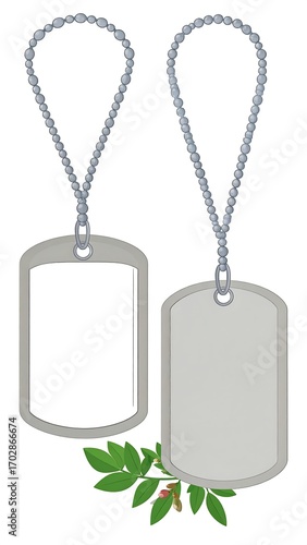Two blank dog tags with chains and leaves