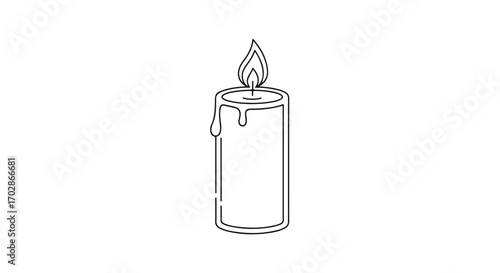 Minimalist line art illustration of a solitary candle with flickering flame and dripping wax pattern illustration
