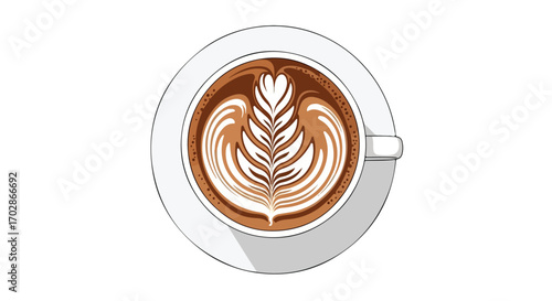 Stylized Coffee Art Illustration: A Cup of Latte with Elaborate Leaf Design Depiction in White Mug Isolated on White Backdrop