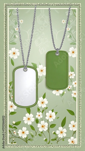 Two blank military dog tags, light green background with small white flowers
