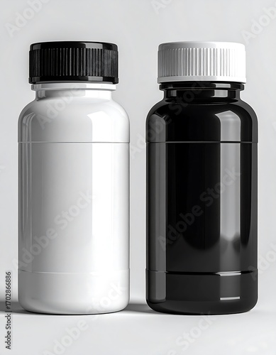 Two blank plastic bottles, black and white