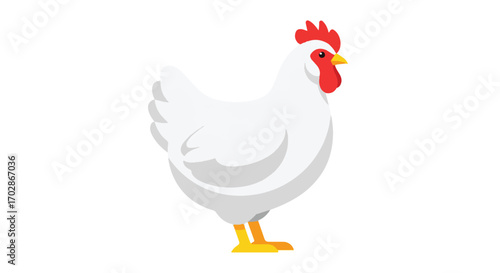 A simple, yet striking digital illustration of a white hen with vibrant red and yellow accents showcased against a pure white backdrop