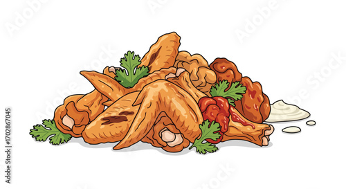 Appetizing heap of fried chicken wings, expertly seasoned, garnished with fresh cilantro and served with a side of creamy dipping sauce makes your